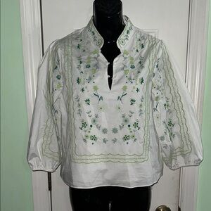 Tuckernuck Hyacinth House White W/ Green Embroidered Floral Puff Sleeve Top